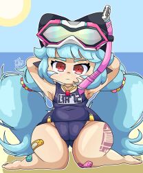 1girls aa72_(guardian_tales) alternate_version_available barefoot beach blue_hair breasts clothed clothed_female female female_only full_body guardian_tales hendersimp little_android_aa72_(guardian_tales) long_hair one-piece_swimsuit rednehh scuba_gear small_breasts solo solo_female swimsuit