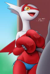 anthro areola big_breasts breast_play breasts clothed clothing creatiffy digital_media_(artwork) duo erection female generation_3_pokemon genitals hi_res huge_breasts humanoid latias legendary_pokemon male male/female nintendo nipples nude open_mouth paizuri penile penis pokemon pokemon_(species) red_areola red_nipples sex text titjob tongue yellow_eyes