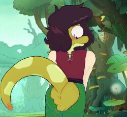 amphibia amphibia_(series) amphibian anthro anus ass blush bottomwear clothing disney legwear lettermanjacks male male_only newt raised_tail rear_view salamander solo surprised_expression tail tight_bottomwear tight_clothing tights tritonio_espada