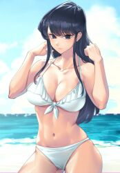 1girls bare_arms bare_shoulders beach bikini black_eyes black_hair blurry blurry_background breasts cameltoe chromatic_aberration cleavage closed_mouth cloud collarbone commentary_request cowboy_shot day female frilled_bikini frills front-tie_bikini_top front-tie_top groin halterneck hands_up highres horizon komi-san_wa_komyushou_desu komi_shouko large_breasts light_blush long_hair looking_at_viewer mikel_bk navel ocean outdoors sidelocks solo standing stomach swimsuit water white_bikini