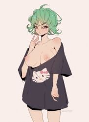 1girls areolae breasts breasts_out chonkgod female female_only green_eyes looking_at_viewer loose_clothes medium_hair nipples one-punch_man simple_background solo t-shirt tatsumaki very_high_resolution