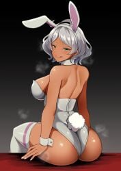 1girls :p animal_ears ass back bare_shoulders blush breasts bunny_ears bunny_tail dark-skinned_female dark_skin fake_animal_ears female gundam gundam_suisei_no_majo highleg highleg_leotard impossible_clothes impossible_leotard large_breasts leotard looking_at_viewer looking_back nail_polish secelia_dote short_hair sideboob silver_hair sitting skindentation solo tongue_out white_hair white_legwear white_leotard white_nails wrist_cuffs yuzu_kiro