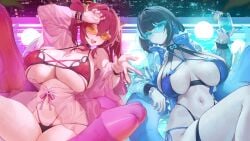 2girls big_breasts bikini black_hair blue-tinted_eyewear blue_nails cityscape cleavage collar color_contrast drink duel_monster evil_twin_ki-sikil evil_twin_lil-la expressionless female female_only floatie holding_drink huge_breasts huge_thighs jacket ki-sikil_(yu-gi-oh!) lil-la_(yu-gi-oh!) looking_at_viewer mature_female multiple_girls nail_polish neon_lights orange-tinted_eyewear painted_nails peace_sign pool pool_toy red_hair rooftop rooftop_pool see-through_clothing slow740 smile staring_at_viewer string_bikini sunglasses swimsuit thick_thighs thigh_strap tinted_eyewear tropical_drink wide_hips xiujia_yihuizi yu-gi-oh!