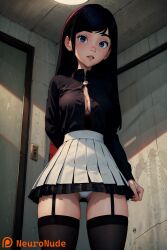 ai_generated ai_hands big_breasts black_hair black_shirt clevage dark_hair female garter_straps long_hair looking_at_viewer neuronude school_uniform schoolgirl seductive see-through solo stockings straight_hair tagme the_incredibles thick_thighs thighhighs violet_parr white_panties