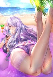 1girls alternate_costume ass beach bikini blush camilla_(fire_emblem) cleavage covered_nipples drink female female_only fire_emblem fire_emblem_fates gotou_fundoshi hair_over_one_eye huge_breasts large_ass light-skinned_female light_skin long_hair looking_at_viewer looking_back nintendo outdoors palm_tree purple_bikini purple_eyes purple_hair purple_swimsuit revealing_clothes sand seashell see-through shell sideboob smile solo swimsuit the_pose thick_thighs towel veil wide_hips