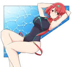 1boy 1girls armpits arms_behind_head arms_up blood blush breasts competition_swimsuit earrings jewelry large_breasts looking_at_viewer lying mochimochi_(xseynao) nintendo nosebleed on_back one-piece_swimsuit pose posing pyra red_eyes red_hair sensual sexy_armpits short_hair simple_background smile solo swimsuit tiara water xenoblade_(series) xenoblade_chronicles_2