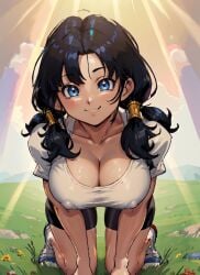 1girls ai_generated all_fours aqua_eyes big_breasts bike_shorts black_hair bloomers blue_eyes buruma cleavage close-up dragon_ball dragon_ball_z hi_res kneeling large_breasts mabi_ai nipple_bulge nipples twintails videl