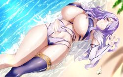 1girls alternate_costume beach bikini blush camilla_(fire_emblem) cleavage cosplay covered_nipples female female_only fire_emblem fire_emblem_fates gotou_fundoshi hair_over_one_eye huge_breasts light-skinned_female light_skin long_hair looking_at_viewer lowres miyamoto_musashi_(fate) miyamoto_musashi_(swimsuit_berserker) nintendo on_back outdoors purple_bikini purple_eyes purple_hair purple_swimsuit revealing_clothes sand seashell shell solo swimsuit thick_thighs underboob wide_hips