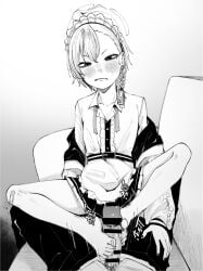 1boy bandaid bandaid_on_knee bandaid_on_leg bar_censor barefoot belt blue_archive blush braid censored cleaning_&_clearing_(blue_archive) collared_shirt erection feet female footjob halo highres jacket maid_headdress millennium_science_school_student mole mole_under_eye neru_(blue_archive) off_shoulder parted_lips penis pov shirt sitting skirt solo_focus straight two-footed_footjob umehisa young