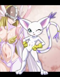 angewomon anthro bandai_namco blue_eyes blush breasts clothing digimon digimon_(species) duo female female/female gatomon gloves handwear heigani humanoid one_eye_closed smile white_body wink