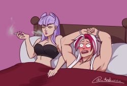 1boy 1girls after_sex after_sex_smoking bed big_breasts bite_mark bite_marks blush clothing evelynn female femdom hands_up heartsteel_series heartsteel_yone i_love_when_people_draw_ships_like_this_actually_(meme) implied_sex k/da_all_out_evelynn k/da_all_out_series league_of_legends male male/female meme smoking yone