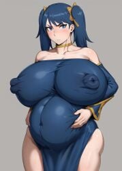 ai_generated bare_shoulders blue_eyes blue_hair blush choker covered_nipples detached_sleeves female hands_on_own_stomach hands_on_stomach huge_breasts huge_nipples kunaboto_(style) league_of_legends looking_to_the_side off-shoulder_dress pelvic_curtain pregnant solo sona_buvelle stable_diffusion style_parody twintails venus_body