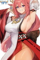 ai_generated armpits big_ass fox_ears fox_girl genshin_impact miko no_panties pink_hair purple_eyes side_boob sideboob teasing thighs touchfluffytails yae_miko