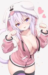 :p cat_pose cleavage dog_hood heart hololive hololive_gamers hololive_japan hoodie huge_breasts kneesocks nekomata_okayu no_bra no_panties sparkles sparkling_eyes striped_legwear thick_thighs virtual_youtuber wide_hips zipper