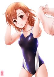 1girls 2020 2020s bare_shoulders blue_one-piece_swimsuit blush breasts brown_eyes brown_hair collarbone competition_school_swimsuit covered_navel cowboy_shot female groin hair_ornament hairclip hands_up head_tilt holding holding_towel light_smile maira_gen matching_hair/eyes misaka_mikoto one-piece_swimsuit parted_bangs parted_lips school_swimsuit short_hair signature skin_tight small_breasts solo standing sunlight swimsuit teenage_girl teenager thighs to_aru_kagaku_no_railgun to_aru_majutsu_no_index tokiwadai_school_swimsuit towel white_background young