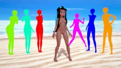 1girls 3d aqua_hair barefoot beach black_hair blue_eyes colored_silhouette completely_nude completely_nude_female earring embarrassed embarrassed_nude_female enf female female_focus long_hair multicolored_hair navel nessa_(pokemon) nipples nude nude_female ocean pokemon pokemon_ss pussy retropunch sand senftember senftember_(2023) silhouette water