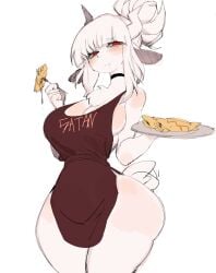 anthro apron apron_only blush bovid breasts caprine cleavage clothed clothing female fur goat goat_lucifer_(helltaker) hair helltaker hi_res horn lucifer_(helltaker) mammal red_eyes simple_background solo tail usa37107692 white_body white_fur white_hair