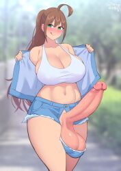 1futa ahoge balls breasts brown_hair clothed clothing erection exhibitionism futa_only futanari green_eyes hips huge_balls huge_cock human kamiya_midori large_breasts licking_lips light-skinned_futanari light_skin long_hair mostly_clothed mostly_nude original original_character penis ponytail short_shorts shorts solo thick_thighs thighs tongue uncensored wide_hips zheng