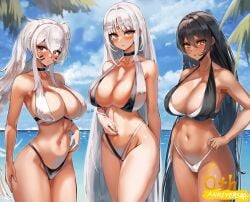 3girls alabama_(azur_lane) azur_lane beach belly_button black_hair blush breasts cleavage dark-skinned_female dark_skin eagle_union_(azur_lane) eyebrows_visible_through_hair face_markings huge_breasts looking_at_viewer markings massachusetts_(azur_lane) outside paundo2 red_eyes south_dakota_(azur_lane) water white_hair yellow_eyes