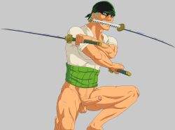 balls boner earrings erection green_hair k_raimond male male_only muscles muscular one_piece pantsless penis roronoa_zoro scar solo solo_male sword sword_in_mouth weapon