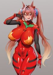 1girls asuka_langley_sohryu_(cosplay) bodysuit breasts brown_hair cosplay daiwa_scarlet_(umamusume) female hips horse_ears horse_girl huge_breasts jingb_dx kemonomimi light-skinned_female light_skin long_hair neon_genesis_evangelion plugsuit thick_thighs thighs tight_clothing umamusume wide_hips