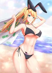 1girls beach beach_towel black_bra black_panties blonde_hair bra bunny_ears choker female geone green_eyes keiizumi light-skinned_female light_skin pale-skinned_female pale_skin panties pubic_tattoo smile vrchat