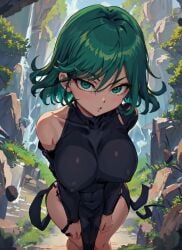 1girls ai_generated bare_shoulders big_breasts close-up collarbone curly_hair female female_only from_above green_eyes green_hair hi_res huge_breasts large_breasts mabi_ai nipple_bulge nipples one-punch_man pelvic_curtain short_hair shortstack side_slit solo tatsumaki thick_thighs wide_hips