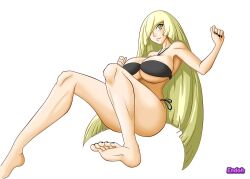 alternate_breast_size ass big_breasts breasts endoh69 feet green_eyes huge_breasts lusamine_(pokemon) nintendo pokemon pokemon_sm swimsuit thighs yellow_hair