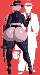 ass_focus coin coin_flip corpse_(igxxiii) firearm gloves gun high_heels huge_ass igxxiii leggings looking_at_viewer looking_back mafia one_eye peaky_blinders purple_skin sideboob striped_legwear tagme