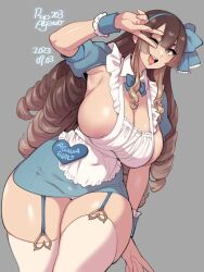 1girls 2023 2d 2d_(artwork) apron areola areolae armit big_breasts big_thighs blue_clothing breasts brown_hair cleavage dress female female_focus female_only garter_straps hi_res highres hips huge_breasts huge_thighs large_breasts large_thighs long_hair nipple_slip nipples original original_character revealing_clothes ryo_agawa skimpy skimpy_clothes skinetnations smile smiling solo solo_female solo_focus stockings thick_thighs thighhighs tongue waitress waitress_uniform wide_hips yellow_eyes