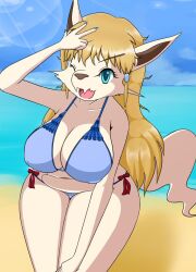 1girls 2019 beach big_breasts bikini blonde_hair blue_eyes canine chloe_heartfield eyebrows_visible_through_hair fur furry_only hi_res kemono long_tail m.u.g.e.n messy_hair moku_(artist) navel nipple_bulge open_mouth smiling snout solo_female thick_thighs v_sign white_fur winking_at_viewer