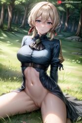 ai_generated ascot bangs blonde_hair blue_eyes blush bottomless braid breasts closed_mouth day dress edosynf female grass hair_between_eyes hair_intakes hair_ribbon highres jewelry large_breasts long_sleeves looking_at_viewer nature navel outdoors pussy red_ribbon ribbon sitting solo thighs tree violet_evergarden violet_evergarden_(series)