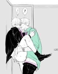 2boys against_wall anal anal_sex blush bottomless class_3-z dual_persona gakuran gay gintama gintoki_sakata japanese_text leg_grab leg_up male male_only necktie official_alternate_costume oniku_(pixiv) pants_down restricted_palette school_uniform selfcest sweat teacher teacher_and_student wristwatch yaoi