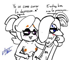 1boy 1boy1girl 1girls apa_(sir_apasaurio) ashamed black_and_white blue_eyes blush blush_lines breasts erection female inkling inkling_boy inkling_girl male male/female nintendo oc orange_nipples original_character purple_eyes self_insert self_upload showing_breasts sir_apasaurio sketch spanish_text splatoon splatoon_(series) splatoon_2 splatoon_3 text white_background