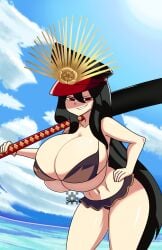 1girls alternate_breast_size bare_legs bare_shoulders bikini black_hair breasts bursting_breasts busty cleavage fate/grand_order fate_(series) huge_breasts joeydrawss looking_at_viewer military_hat oda_nobunaga_(fate) oda_nobunaga_(swimsuit_berserker)_(fate) red_eyes smile smug swimsuit thighs