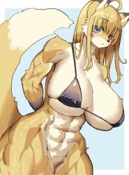 abs anthro biceps big_breasts bikini blush bottomless breasts canid canine clothed clothing female fox heterochromia hi_res huge_breasts looking_at_viewer mammal miyanokoko muscular muscular_female muscular_thighs solo swimwear thick_thighs