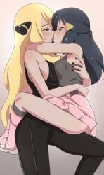 2girls adult_and_teenager adult_female age_difference alternate_hair_color arms_around_neck arms_around_waist aruman blonde_hair boots breast_press breast_size_difference breast_to_breast carrying carrying_partner creatures_(company) cynthia_(pokemon) dark_blue_eyes dawn_(pokemon) eye_contact french_kiss game_freak grey_eyes greyish_blue_hair hair_ornament hug kiss large_breasts leg_up legs_around_partner legs_around_waist long_hair looking_at_another multiple_girls nail_polish nintendo no_panties older_woman_and_younger_girl pokemon pokemon_(anime) pokemon_(game) pokemon_dppt shirt shoes size_difference skirt small_breasts tongue tongue_out trousers younger_female yuri