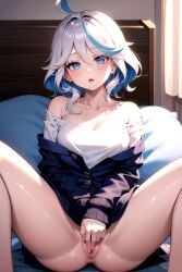 1girls ahoge ai_generated ass blue_eyes blue_hair blush cleavage collarbone covering_pussy furina_(genshin_impact) genshin_impact goddess hoyoverse large_breasts mihoyo multicolored_hair on_bed open_mouth partially_clothed shortstack sitting spread_legs thick_thighs thighs white_hair yukino_ai