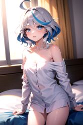 1girls ahoge ai_generated bare_shoulders blue_eyes blue_hair blue_headwear blush collarbone furina_(genshin_impact) genshin_impact goddess hoyoverse mihoyo morning multicolored_hair on_bed oversized_clothes shirt sitting thighs white_hair yukino_ai