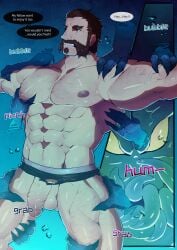 abs balls bara beard comic dilf facial_hair flaccid flaccid_penis gay league_of_legends malcolm_graves muscular muscular_male pecs standing testicle testicles text text_bubble torn_clothes yellowquagsire