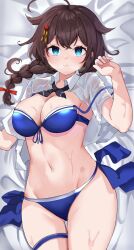 bowtie cleavage closed_mouth collared_shirt kantai_collection large_breasts looking_at_viewer lying_on_bed official_alternate_costume open_shirt shigure_(kantai_collection) shigure_kai_san_(kantai_collection) shirt short_sleeves swimsuit thick_thighs thigh_strap wet_skin white_shirt wide_hips