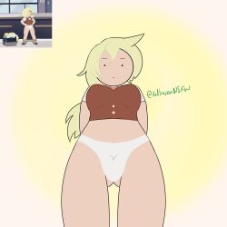 adventure_time blonde_hair cake_the_cat canon_panties clothing female fionna_the_human_girl human neckwear no_pants outerwear pale_skin panties pet_carrier short_sleeves sidewalk valtrazax vest white_panties yellow_hair