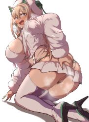 ass back blonde_hair blush boots bra breasts cat_ear_hairband censored cute_fang female female_pubic_hair fur_hat goddess_of_victory:_nikke green_nails gyaru hair_between_eyes hand_on_own_ass hat heart-shaped_pupils high_heel_boots high_heels jacket kneeling lace long_hair looking_at_viewer miniskirt nail_polish no_panties oerba_yun_fang open_mouth painted_nails pubic_hair pussy pussy_juice rupee_(nikke) rupee_(winter_shopper)_(nikke) skirt takeura thigh_boots thighhighs underwear very_long_hair white_background white_footwear white_jacket
