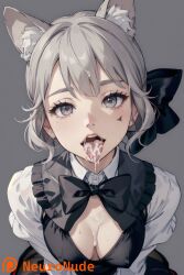 ai_generated animal_ears cum cum_in_mouth cum_on_tongue female genshin_impact lynette_(genshin_impact) neuronude open_mouth solo solo_focus tongue_out