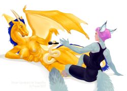 anthro bat_wings blue_mane breasts dragon dragonboy duo ear_tuft felid feline fluffy fluffy_tail fur genitals gold_scales green_eyes grey_body grey_fur hair horn humanoid humor hybrid lynxcatgirl mammal mane membrane_(anatomy) membranous_wings microphone multi_breast penis pink_hair proann reptile rosa_(proann) scalie short_hair snake snake_penis sportswear tail tuft unusual_anatomy unusual_genitalia unusual_penis valrejn wings yellow_body