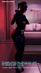 1girls 3d 3d_(artwork) blender bodysuit bondage comic comic_page dialogue english english_text female female_only femsub gimp gimp_hood gimp_mask gimp_suit high_heels human jack_(mass_effect) latex latex_bodysuit mass_effect mass_effect_2 mass_effect_3 nipple_cutout nipples solo vikhlop