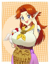 big_breasts bird blue_eyes blush bowser_brooch breast breasts brown_hair busty chicken cremia cucco female hecticsketchin highres huge_breasts large_breasts long_hair majora's_mask malon nintendo ocarina_of_time open_mouth pointy_ears smile solo the_legend_of_zelda