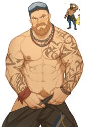 1boy bara beard blue_eyes brown_hair bushy_eyebrows covering covering_crotch destroyer_(ni_no_kuni) dilf facial_hair looking_down male male_only manly muscular muscular_male ni_no_kuni_cross_worlds penis pubic_hair ryker shaved_head solo solo_focus solo_male standing tattoo tattooed_arm tattoos