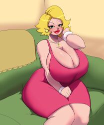 1girls alternate_breast_size alternate_hairstyle alternate_version_available american_dad big_breasts blonde_hair bracelet cleavage clothed clothing couch dress earrings female female_focus female_only francine_smith huge_breasts light-skinned_female light_skin looking_at_viewer mature_female milf mother n-ronin necklace pink_dress sitting sitting_on_couch sitting_on_sofa sofa straight_hair textless thick_thighs voluptuous voluptuous_female wide_hips