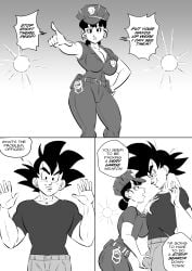 1boy 1girls acting black_eyes black_hair chichi couple dragon_ball english_text female funsexydragonball grabbing_penis hands_up large_breasts muscular muscular_male police_uniform policewoman pressing_breast_on_partner son_goku speech_bubble tagme thick_thighs